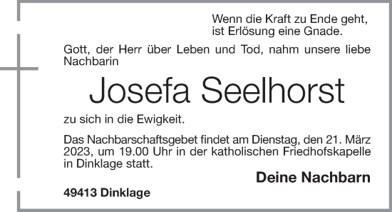 Anzeige von Josefa Seelhorst von OM-Medien