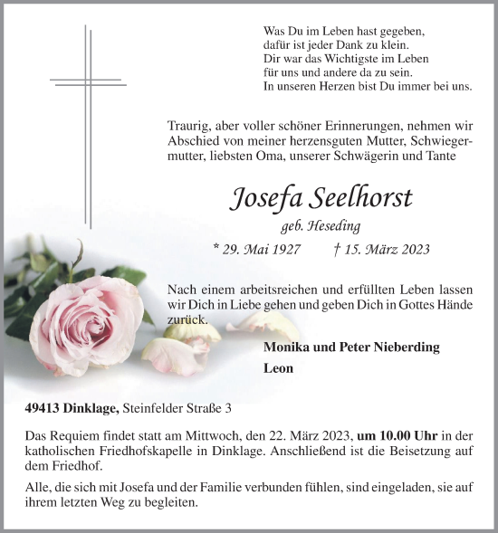 Anzeige von Josefa Seelhorst von OM-Medien
