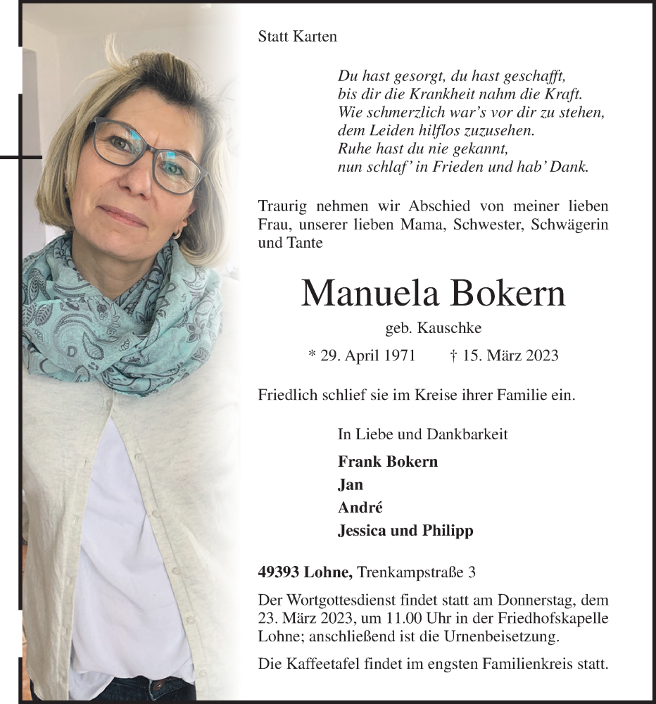  Traueranzeige für Manuela Bokern vom 18.03.2023 aus OM-Medien
