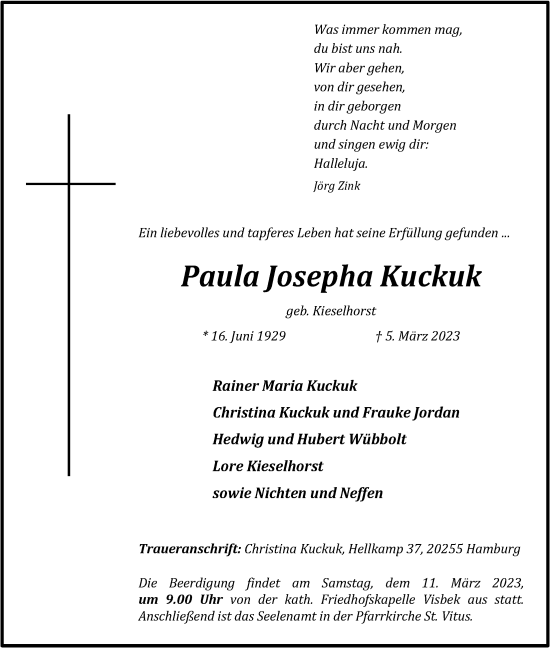 Anzeige von Paula Josepha Kuckuk von OM-Medien