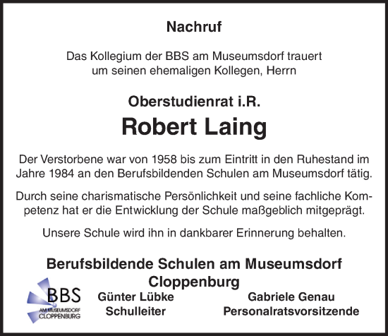 Anzeige von Robert Laing von OM-Medien