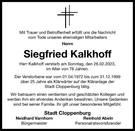 Anzeige von Siegfried Kalkhoff von OM-Medien