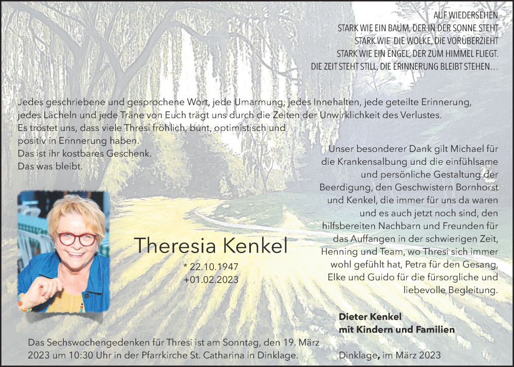  Traueranzeige für Theresia Kenkel vom 18.03.2023 aus OM-Medien