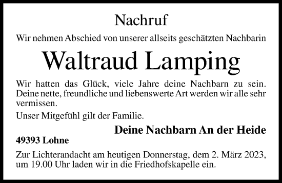 Anzeige von Waltraud Lamping von OM-Medien