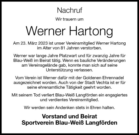 Anzeige von Werner Hartong von OM-Medien