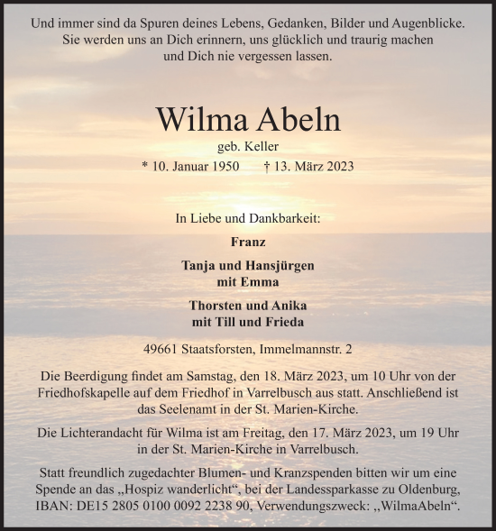 Anzeige von Wilma Abeln von OM-Medien