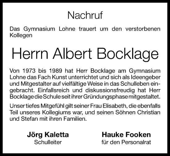 Anzeige von Albert Bocklage von OM-Medien