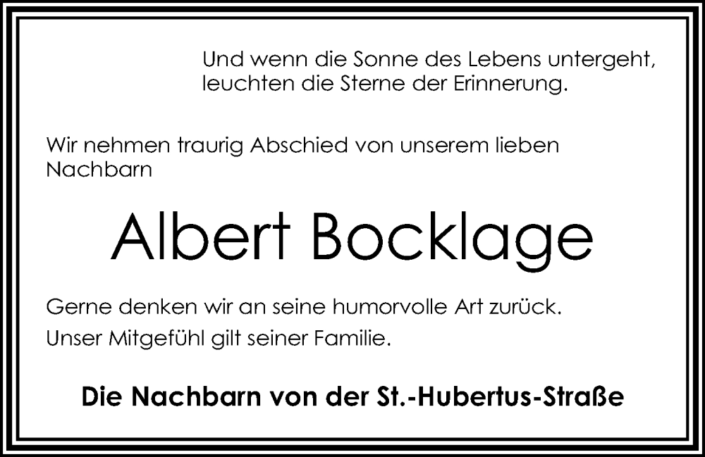  Traueranzeige für Albert Bocklage vom 26.04.2023 aus OM-Medien