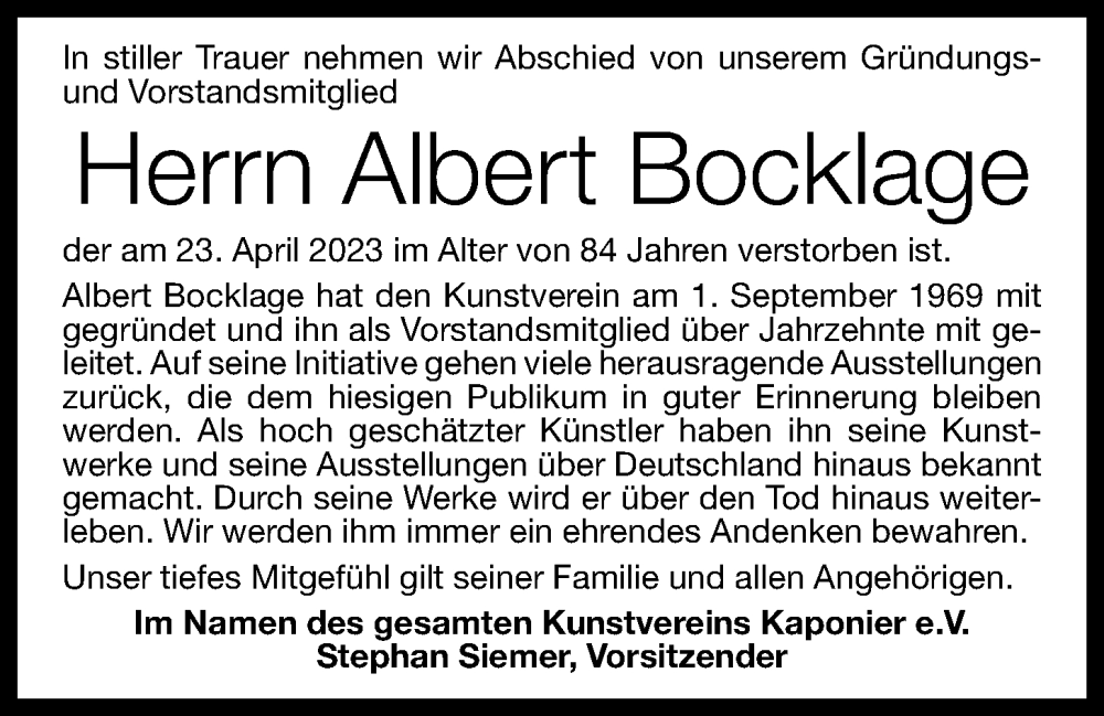  Traueranzeige für Albert Bocklage vom 27.04.2023 aus OM-Medien