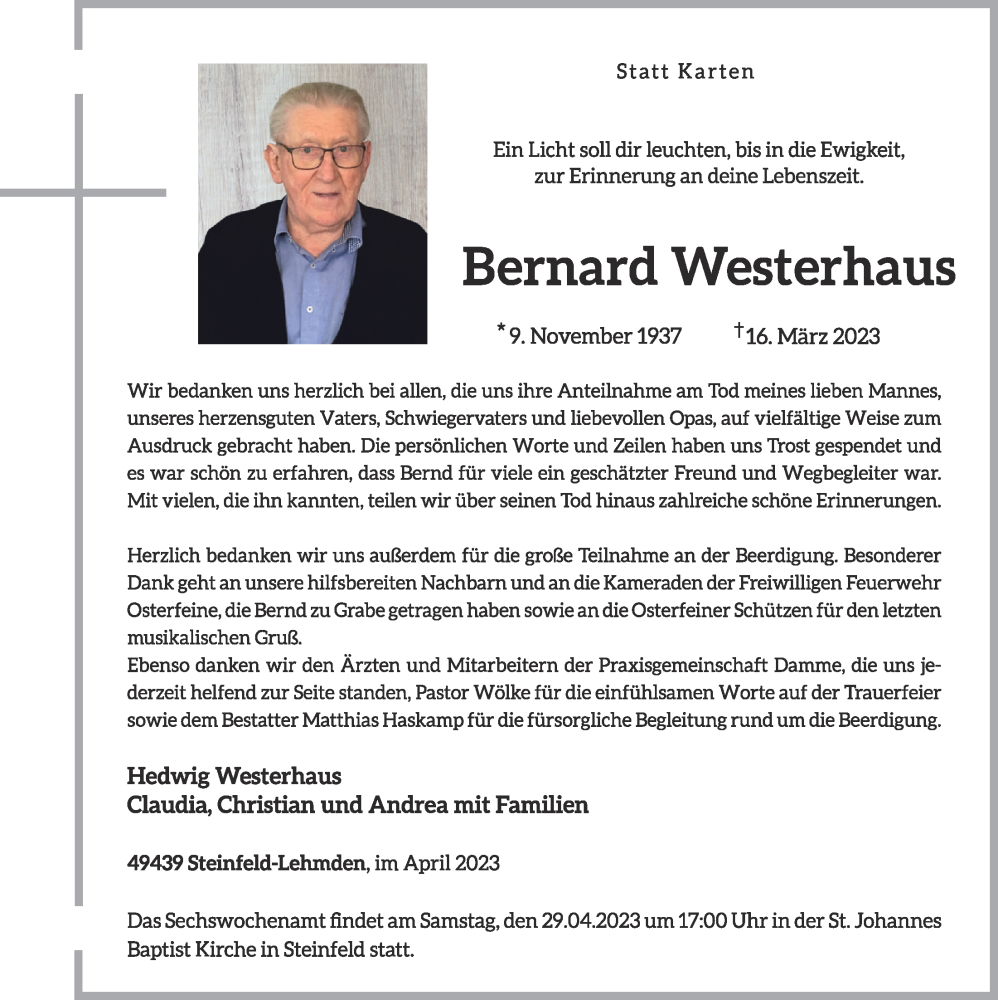  Traueranzeige für Bernard Westerhaus vom 27.04.2023 aus OM-Medien