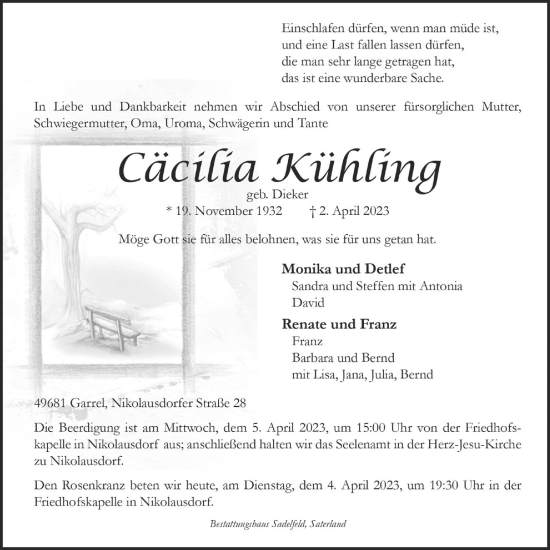 Anzeige von Cäcilia Kühling von OM-Medien