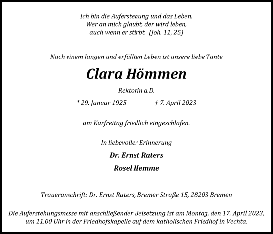Anzeige von Clara Hömmen von OM-Medien