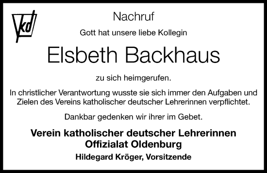 Anzeige von Elsbeth Backhaus von OM-Medien