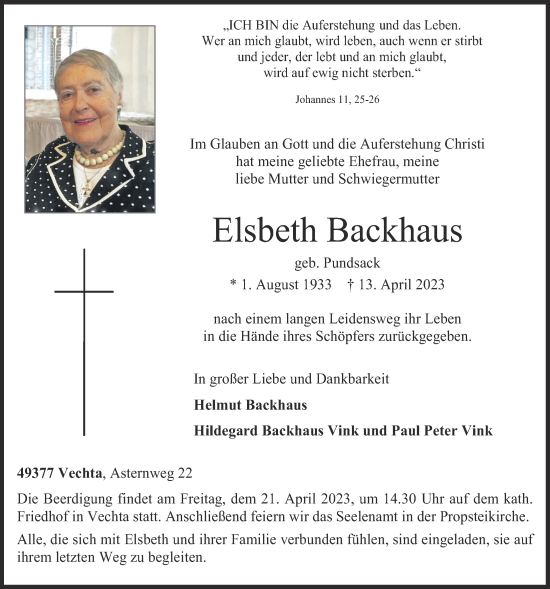 Anzeige von Elsbeth Backhaus von OM-Medien