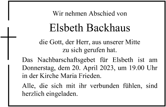 Anzeige von Elsbeth Backhaus von OM-Medien