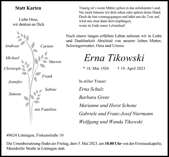 Anzeige von Erna Tikowski von OM-Medien