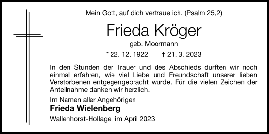 Anzeige von Frieda Kröger von OM-Medien