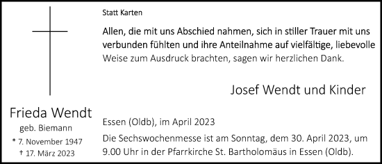 Anzeige von Frieda Wendt von OM-Medien