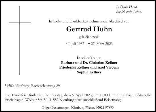 Anzeige von Gertrud Huhn von OM-Medien