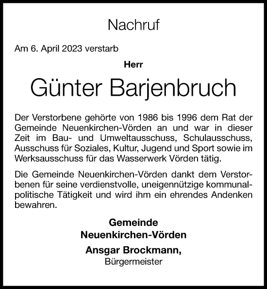 Anzeige von Günter Barjenbruch von OM-Medien