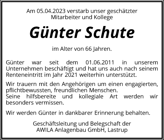 Anzeige von Günter Schute von OM-Medien