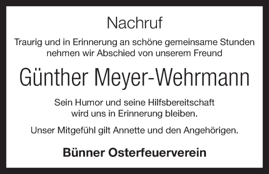 Anzeige von Günther Meyer-Wehrmann von OM-Medien
