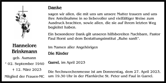 Anzeige von Hannelore Brinkmann von OM-Medien