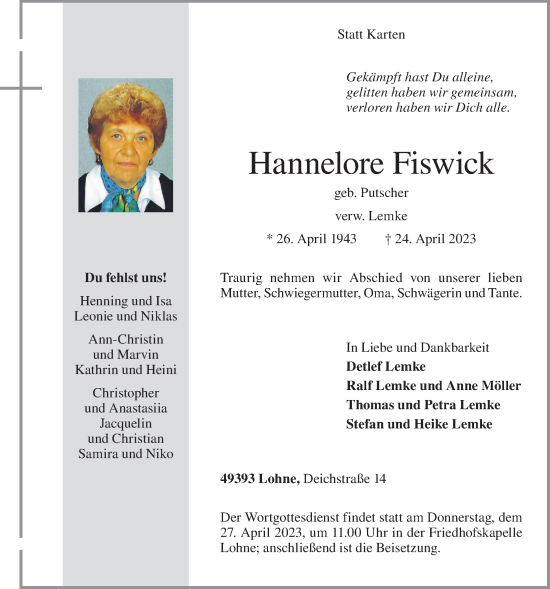 Anzeige von Hannelore Fiswick von OM-Medien