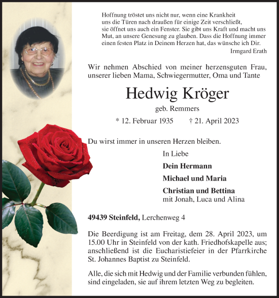 Anzeige von Hedwig Kröger von OM-Medien