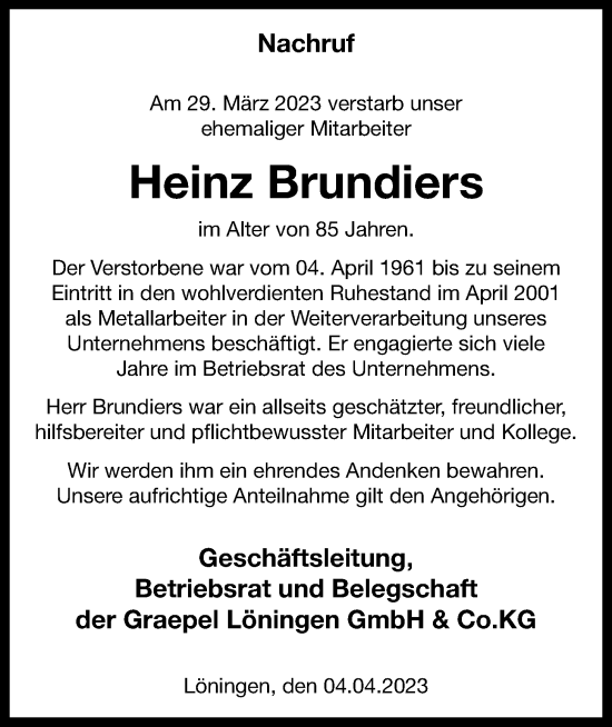 Anzeige von Heinz Brundiers von OM-Medien