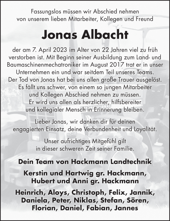 Anzeige von Jonas Albacht von OM-Medien