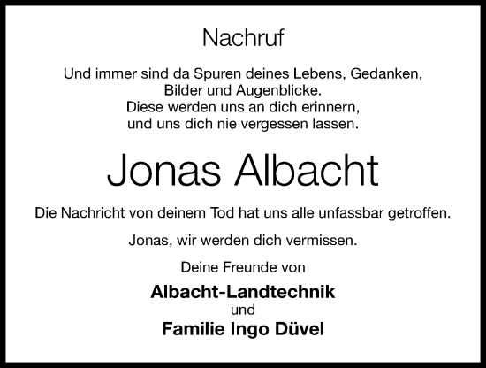 Anzeige von Jonas Albacht von OM-Medien