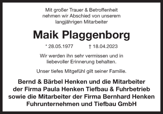 Anzeige von Maik Plaggenborg von OM-Medien