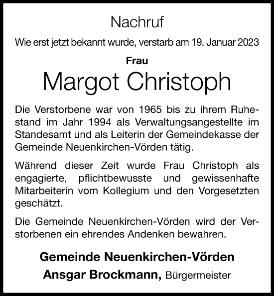 Anzeige von Margot Christoph von OM-Medien