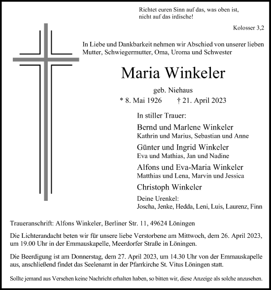 Anzeige von Maria Winkeler von OM-Medien