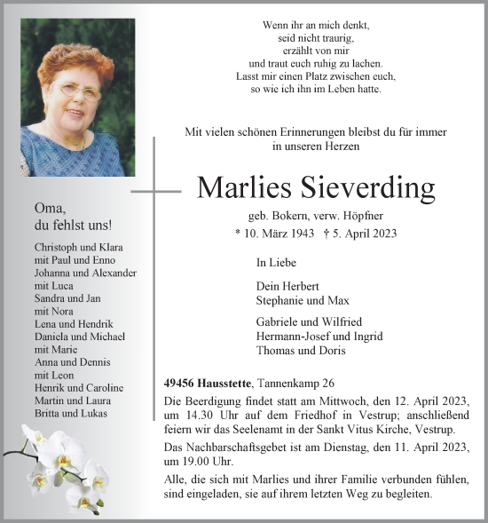Anzeige von Marlies Sieverding von OM-Medien