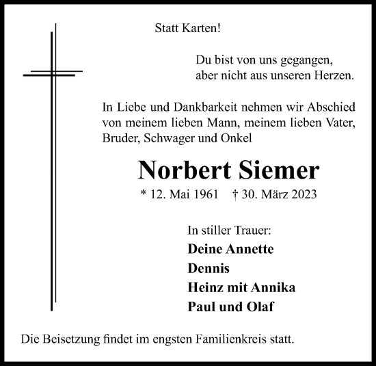 Anzeige von Norbert Siemer von OM-Medien