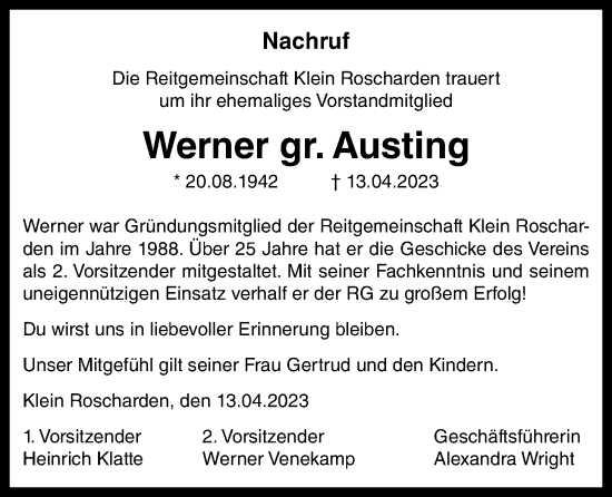 Anzeige von Werner gr. Austing von OM-Medien