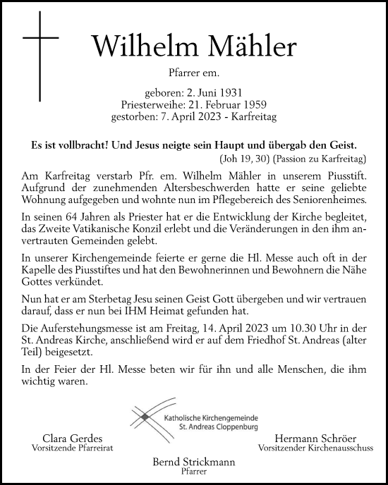 Anzeige von Wilhelm Mähler von OM-Medien
