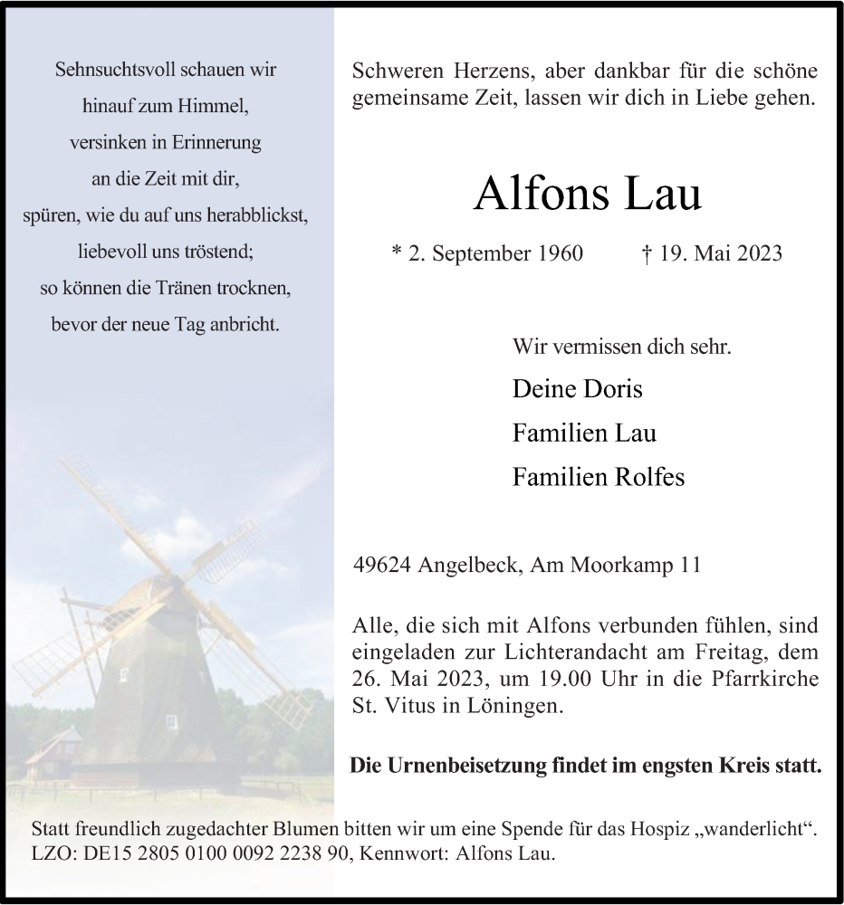  Traueranzeige für Alfons Lau vom 24.05.2023 aus OM-Medien