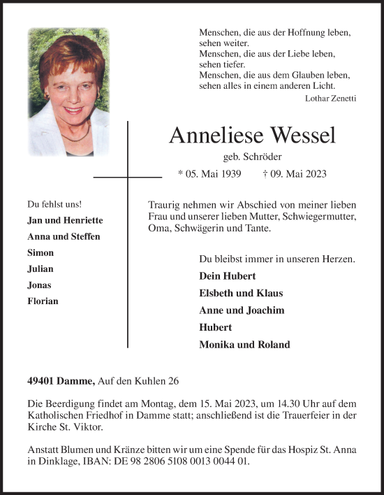 Anzeige von Anneliese Wessel von OM-Medien