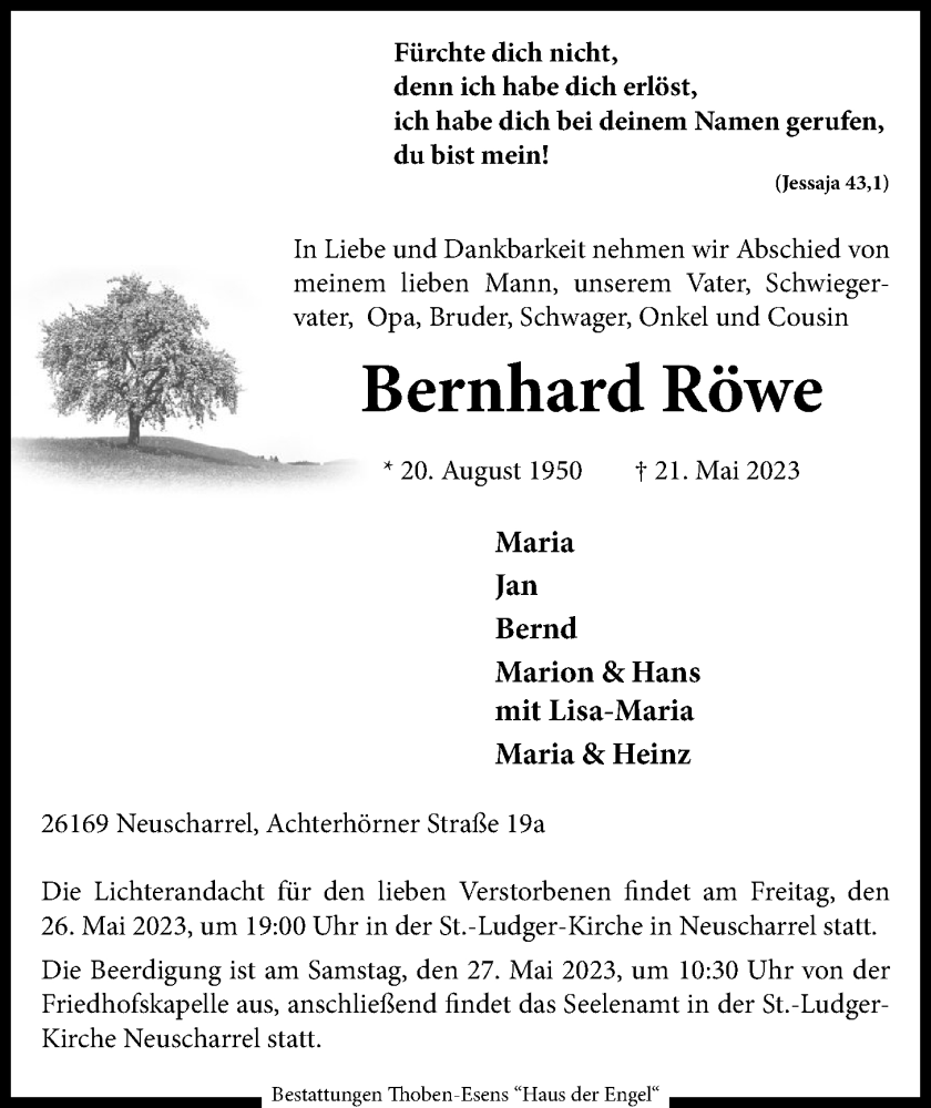  Traueranzeige für Bernhard Röwe vom 24.05.2023 aus OM-Medien