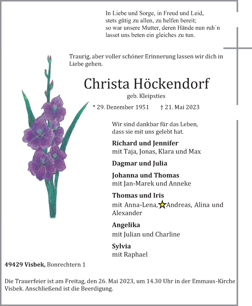  Traueranzeige für Christa Höckendorf vom 23.05.2023 aus OM-Medien