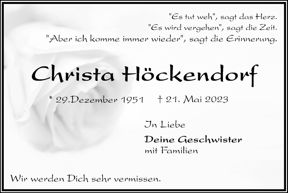  Traueranzeige für Christa Höckendorf vom 25.05.2023 aus OM-Medien