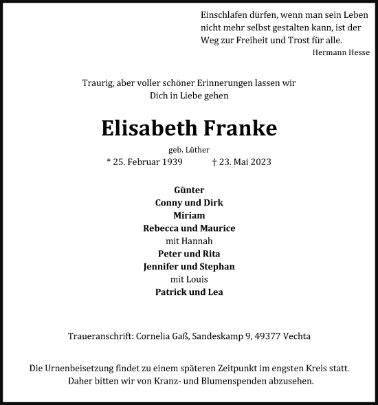 Anzeige von Elisabeth Franke von OM-Medien