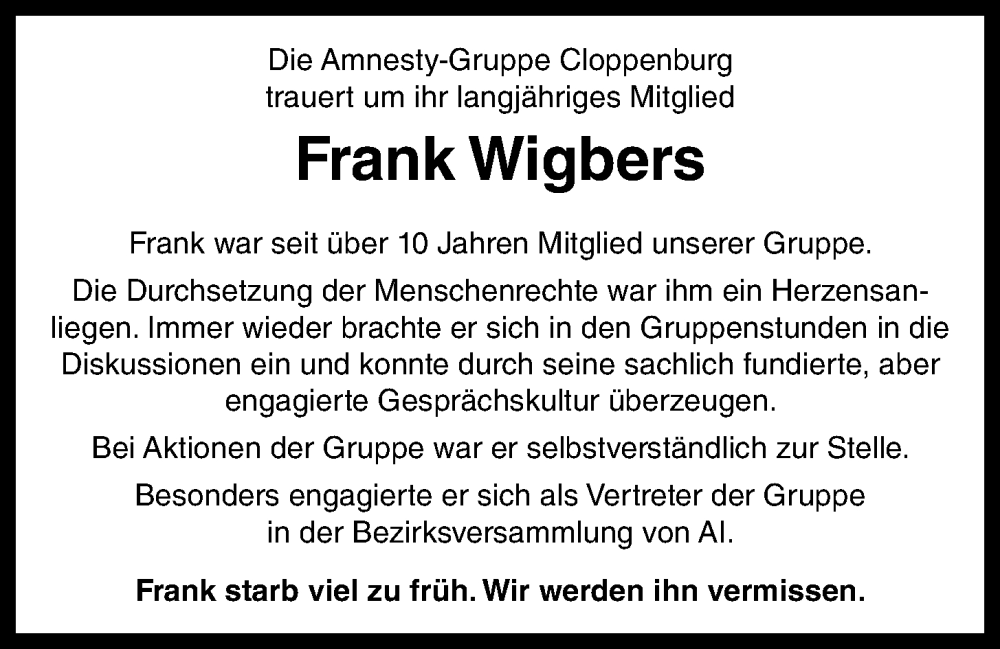  Traueranzeige für Frank Wigbers vom 26.05.2023 aus OM-Medien