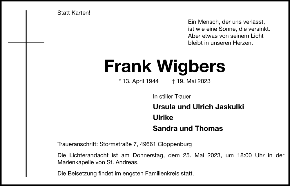  Traueranzeige für Frank Wigbers vom 24.05.2023 aus OM-Medien