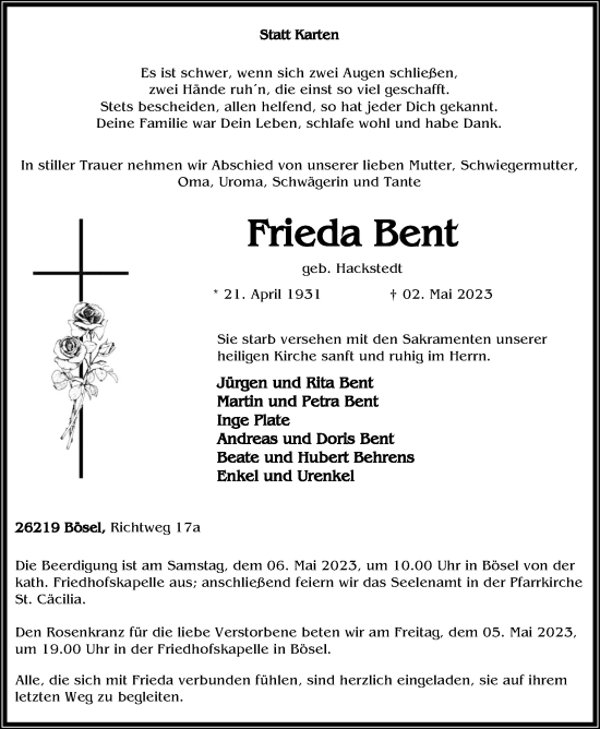 Anzeige von Frieda Bent von OM-Medien