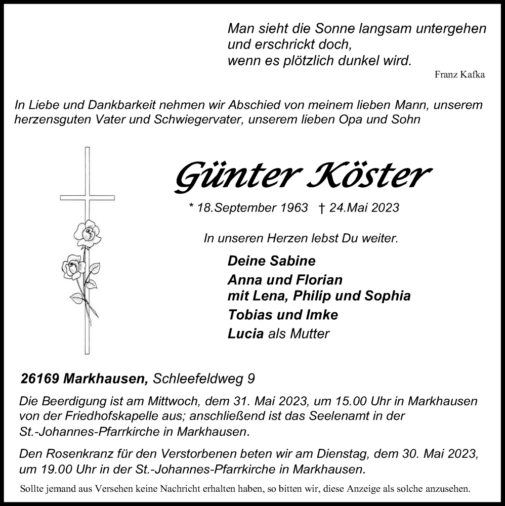  Traueranzeige für Günter Köster vom 26.05.2023 aus OM-Medien