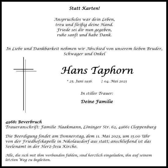 Anzeige von Hans Taphorn von OM-Medien